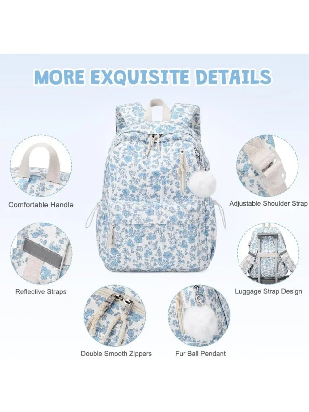 3PCS Girls Corduroy Backpack Set with Lunch Box & Pencil Bag - Blue Floral